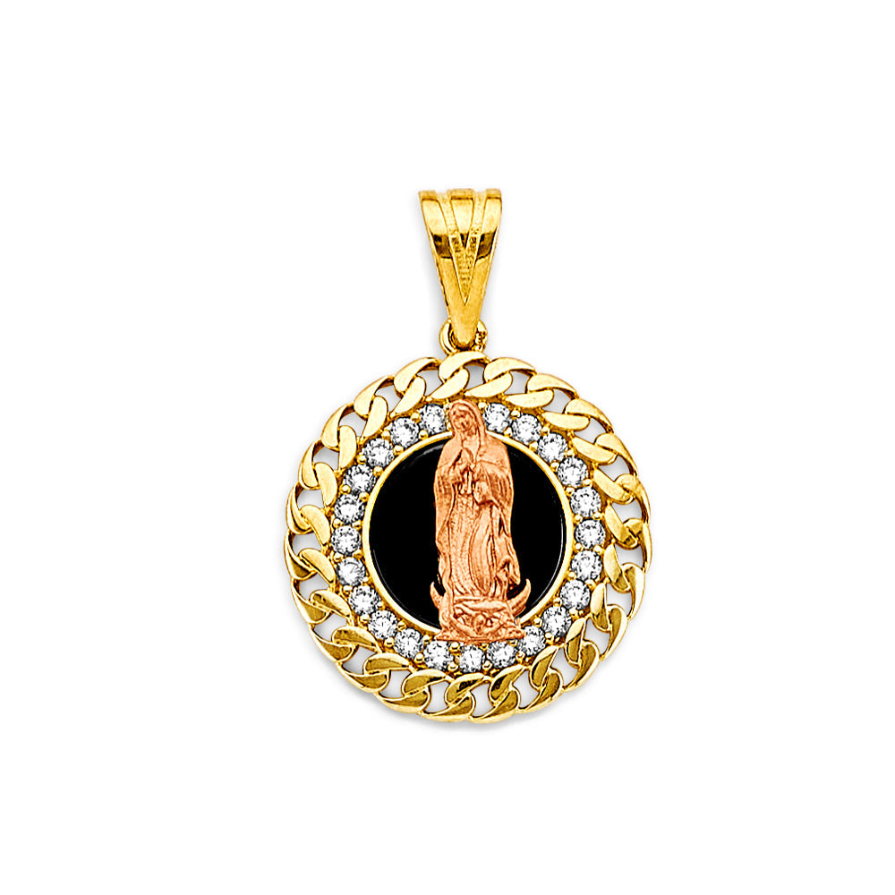 14K Two Tone Gold Round CZ Onyx Guadalupe Pendant