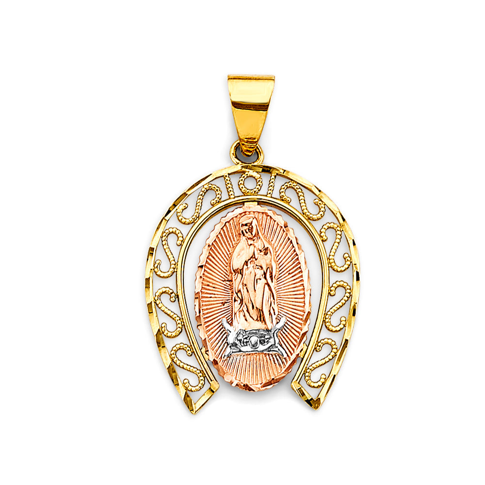 14K Tri Color Gold Horse Shoe Guadalupe Pendant