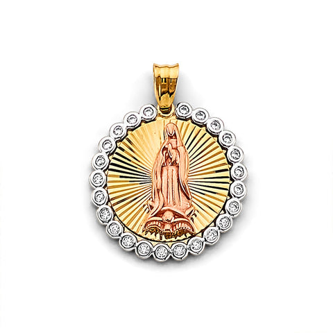 14K Tri Color Gold CZ Guadalupe Medal Pendant