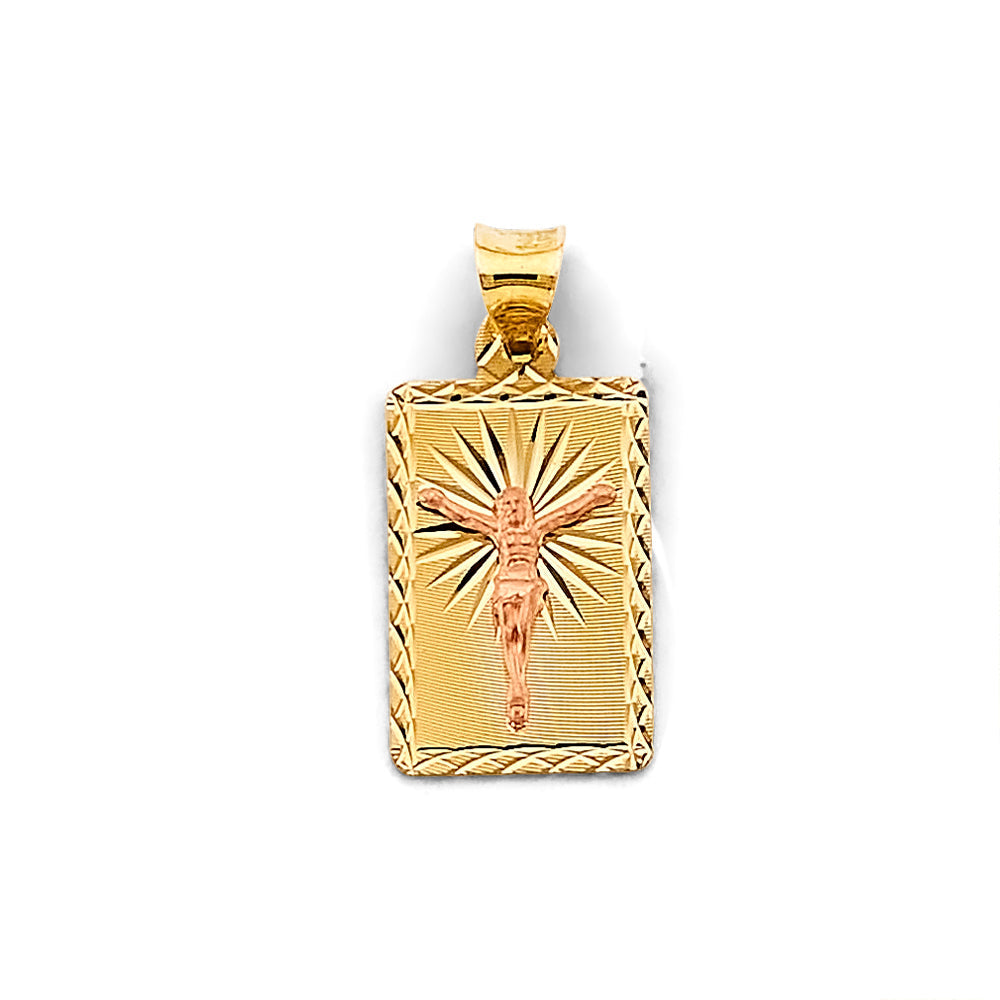 14K Two Tone Gold Rectangle 10mm Stamp Jesus Christ Pendant