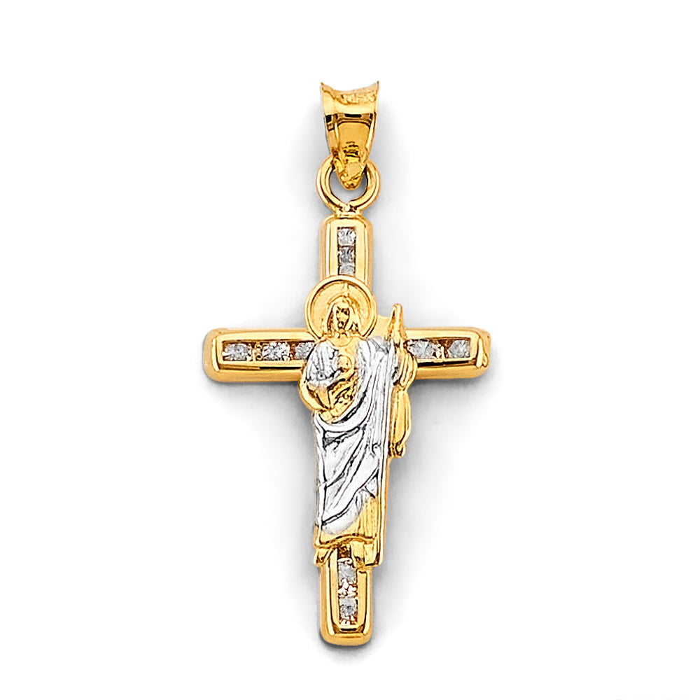 14K Two Tone Gold CZ Cross St. Jude Thaddeus Pendant