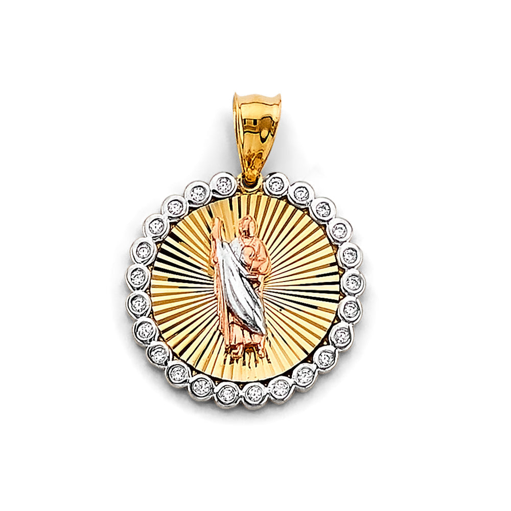 14K Tri Color Gold CZ St. Jude Thaddues Medal Pendant