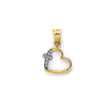 14K Two Tone Gold CZ Heart With Cross Pendant