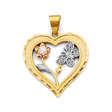 Load image into Gallery viewer, 14K Tri Color Gold CZ Heart With Flower And Butterfly Pendant