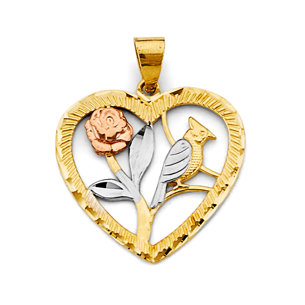 14K Tri Color Gold Heart With Flower And Bird Pendant