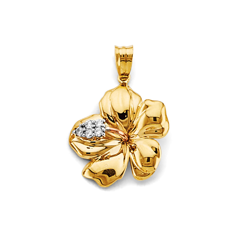 14K Tri Color Gold 18mm CZ Hibiscus Flower Pendant