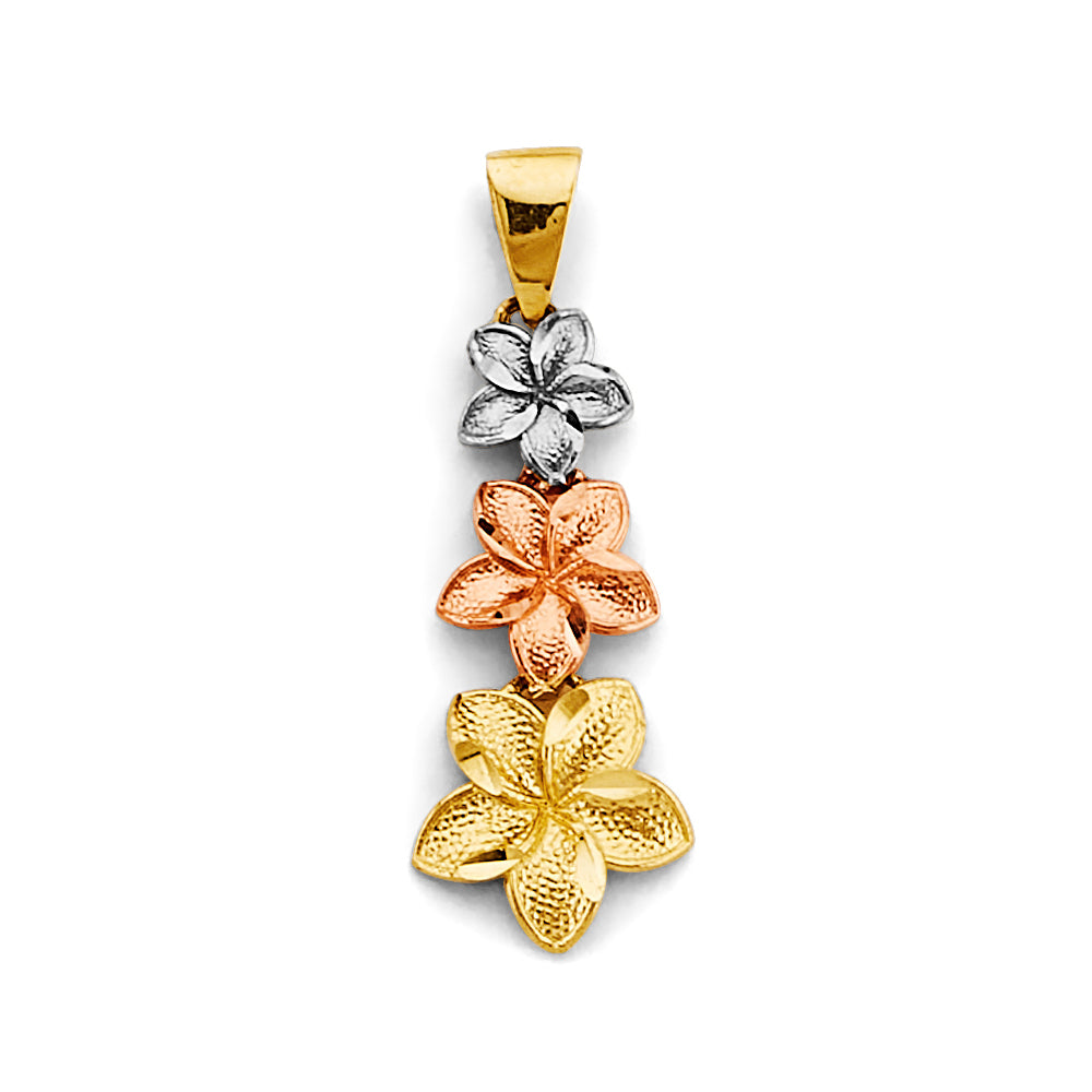 14K Tri Color Gold 3 Flowers Pendant