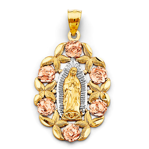 14K Tri Color Gold Flower Guadalupe Pendant