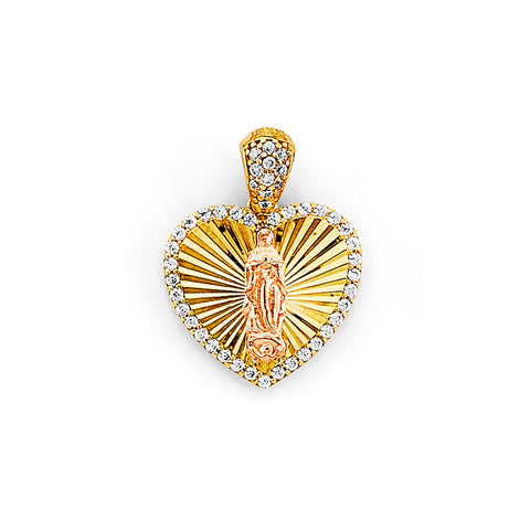 14K Tri Color Gold CZ Heart Guadalupe Pendant