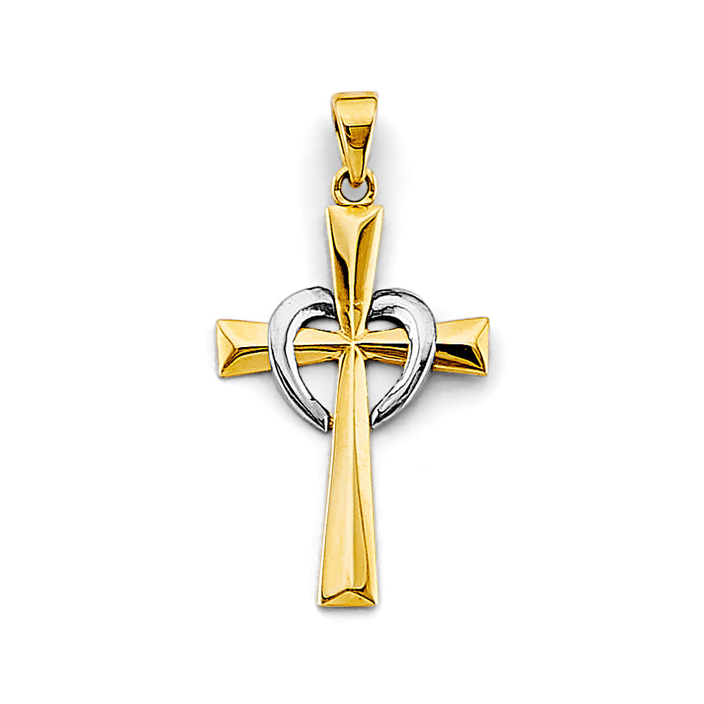 14K Two Tone Gold Heart Cross Pendant