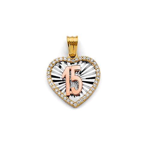 14K Tri Color Gold CZ Heart 15 Years Pendant