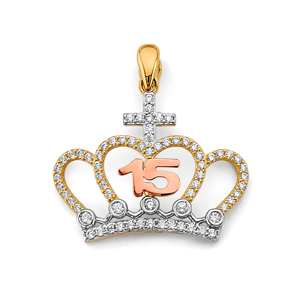 14K Tri Color Gold CZ Crown 15 Years Pendant