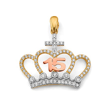 Load image into Gallery viewer, 14K Tri Color Gold CZ Crown 15 Years Pendant