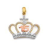 14K Tri Color Gold CZ Crown 15 Years Pendant