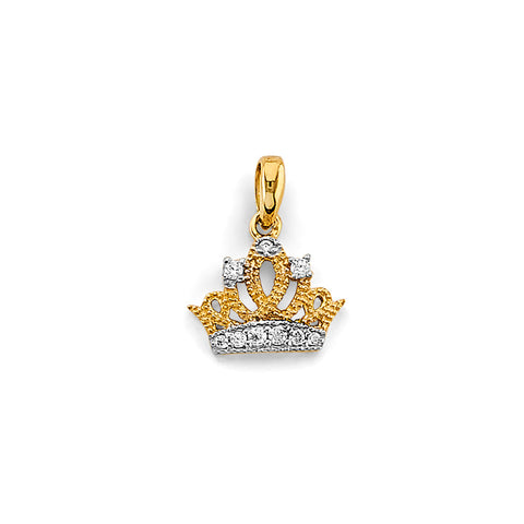 14K Two Tone Gold CZ Small Crown Pendant