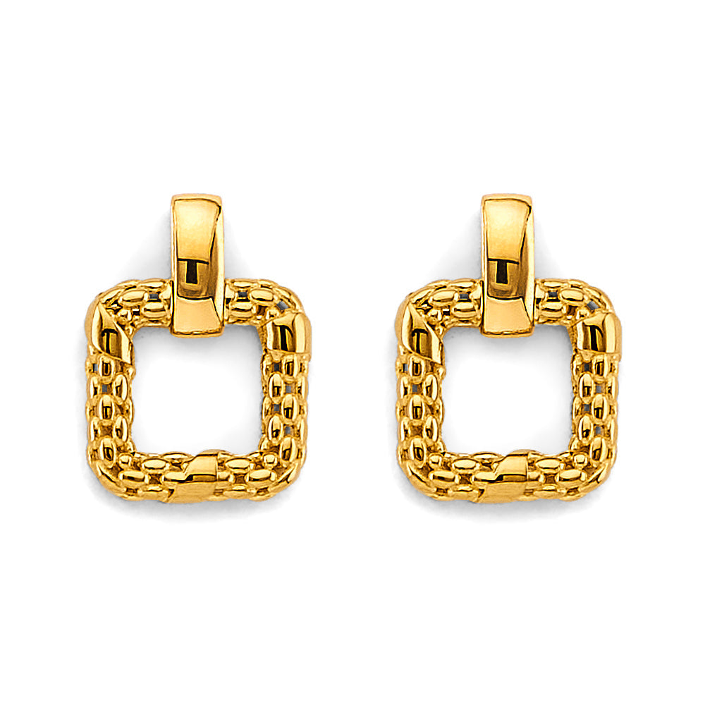 14K Yellow Gold Fancy Square Mesh Design Earrings