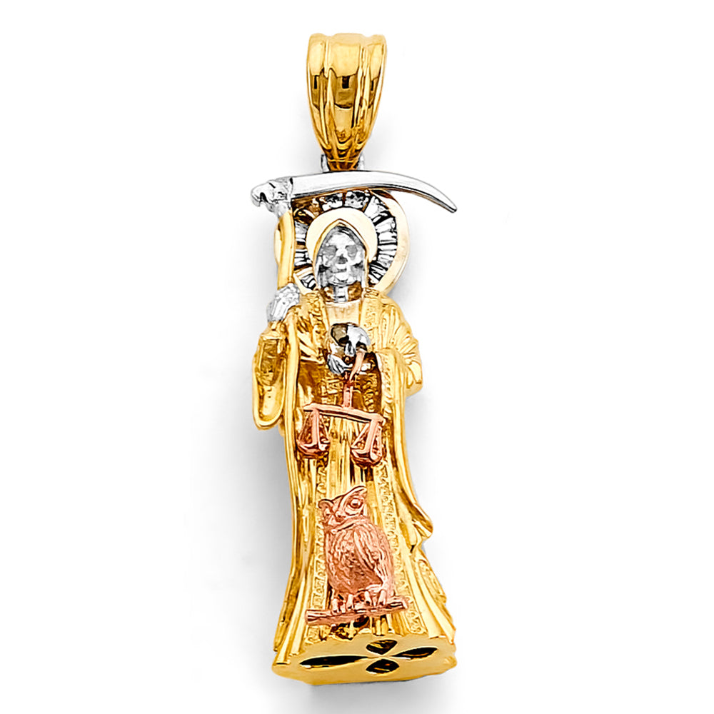 14K Tri Color Gold 10mm CZ Santa Muerte 3D Pendant