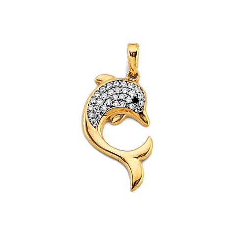 14K Two Tone Gold CZ Dolphin Pendant