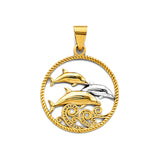 14K Two Tone Gold Round Dolphin Pendant