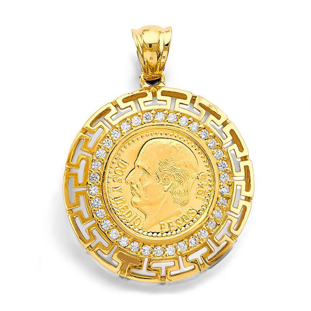 14K Yellow Gold CZ Greek 2.5 Pesos Coin Pendant