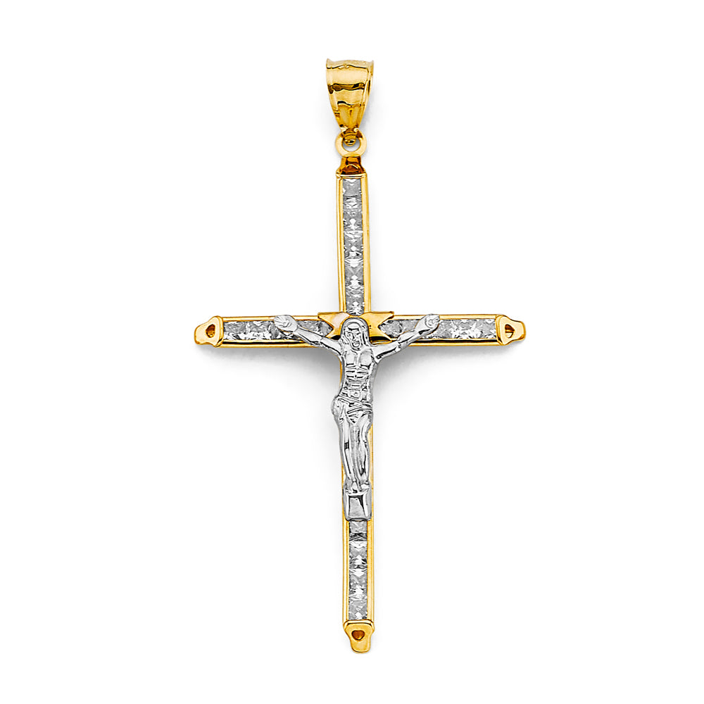 14K Two Tone Gold 30mm Crucifix Cross CZ Pendant