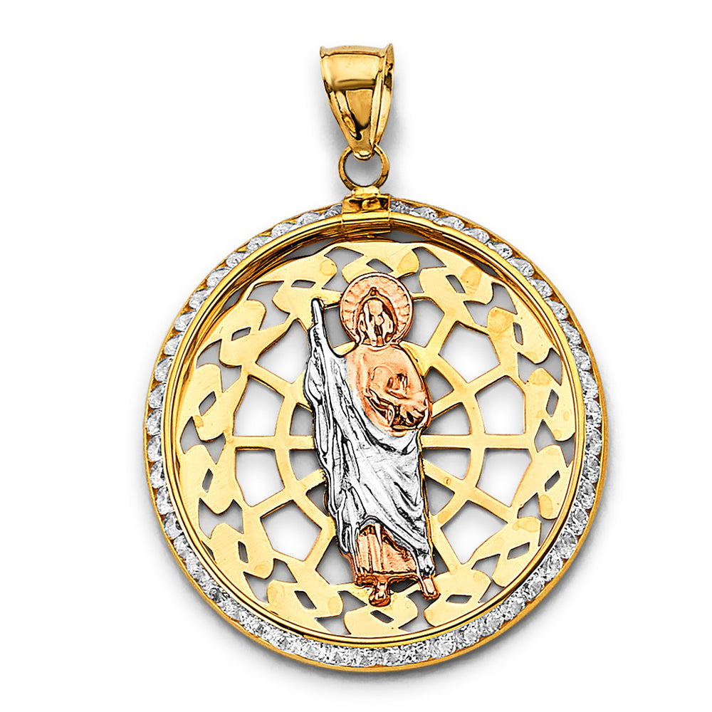 14K Tri Color Gold CZ Round St. Jude Thaddeus Pendant