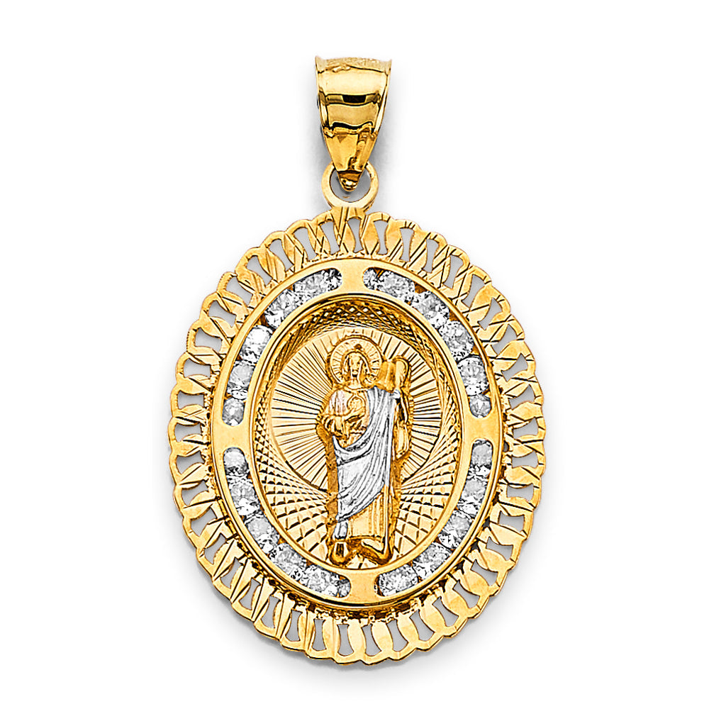 14K Tri Color Gold CZ Oval St. Jude Thaddues Pendant