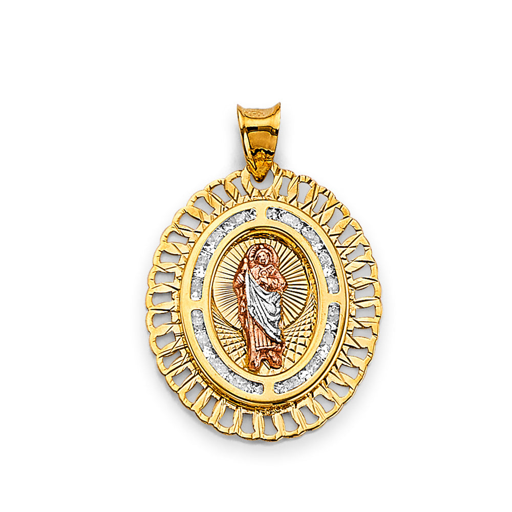 14K Tri Color Gold 20mm CZ Oval St. Jude Thaddues Pendant