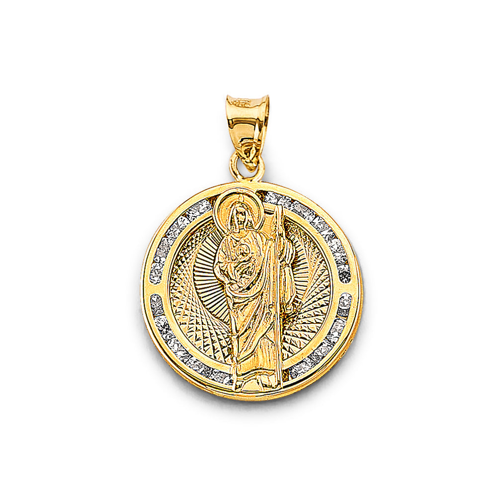 14K Two Tone Gold CZ Round St. Jude Thaddues Pendant