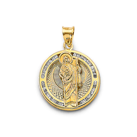 14K Two Tone Gold CZ Round St. Jude Thaddues Pendant