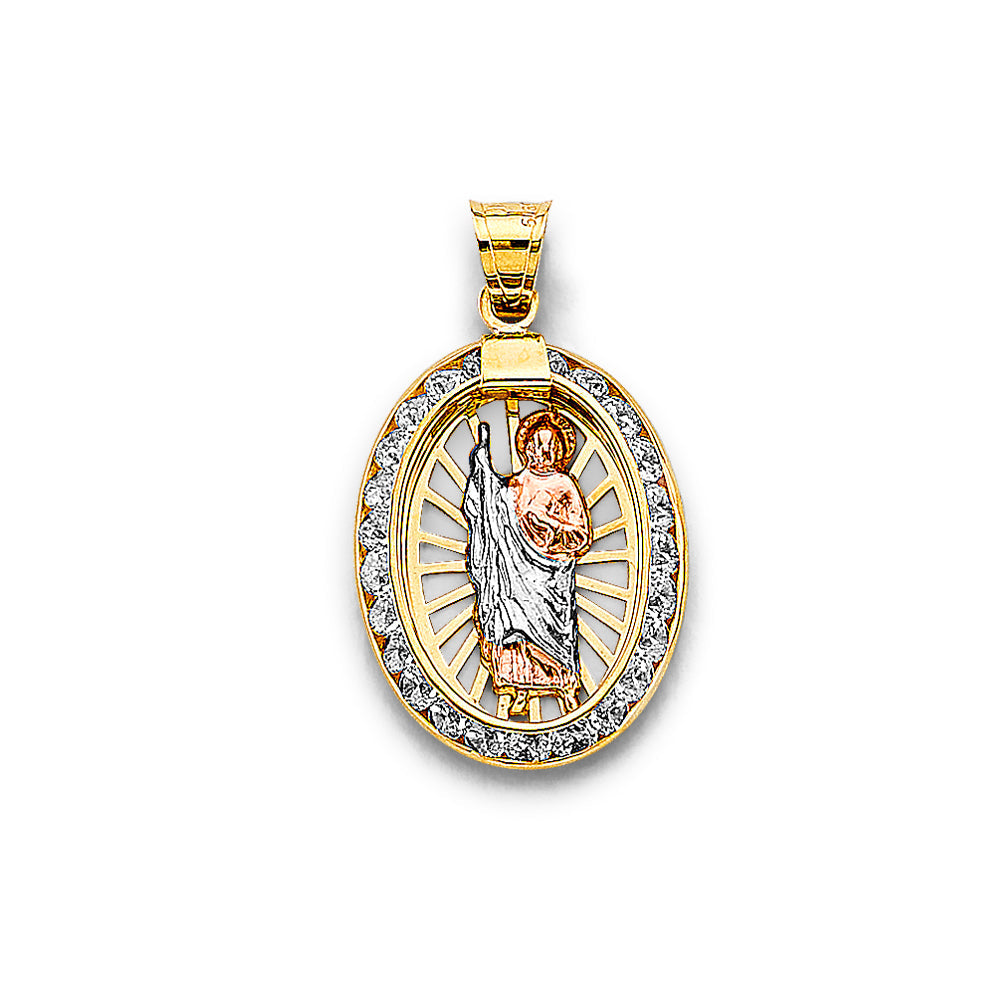 14K Tri Color Gold 13mm CZ Oval St. Jude Thaddues Pendant