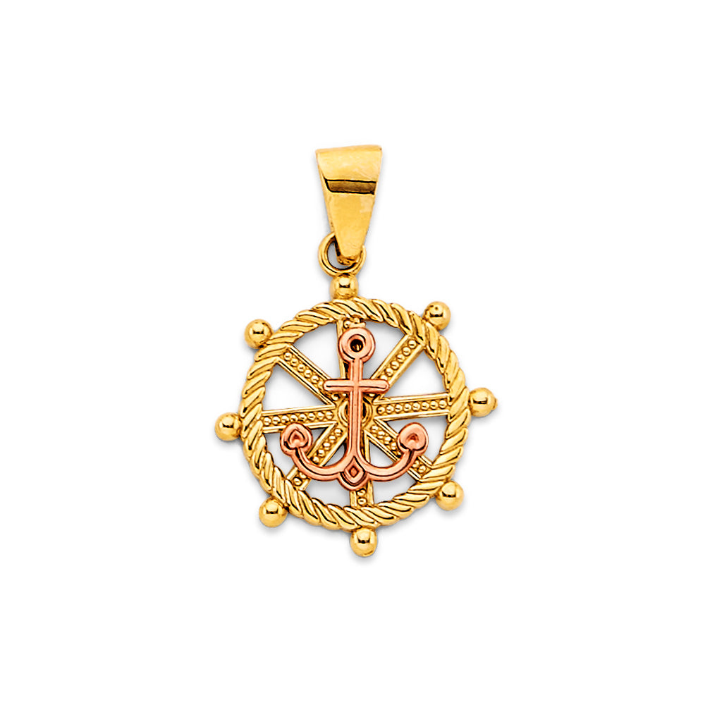 14K Two Tone Gold Wheel And Anchor Pendant