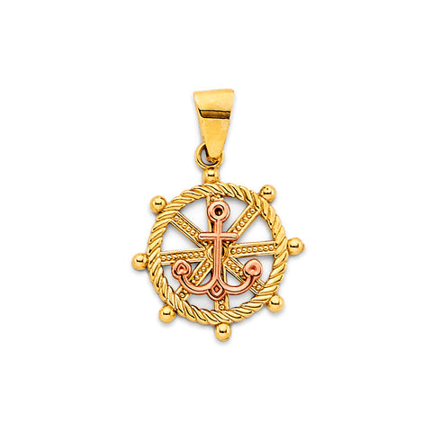 14K Two Tone Gold Wheel And Anchor Pendant