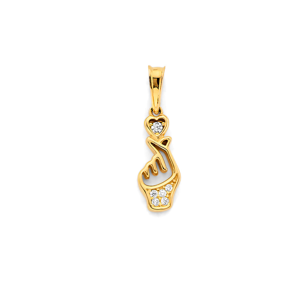 14K Yellow Gold CZ Korean Finger Heart Pendant