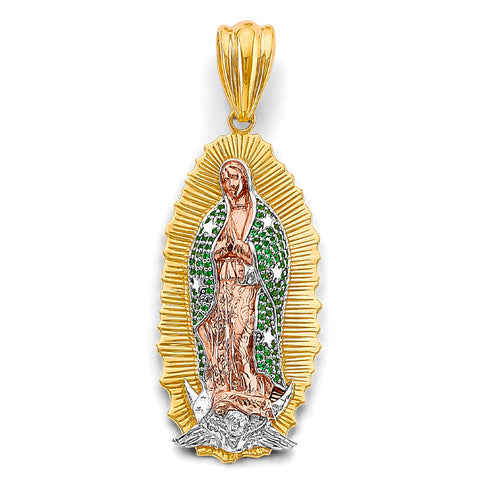 14K Tri Color Gold 25mm CZ Guadalupe Pendant