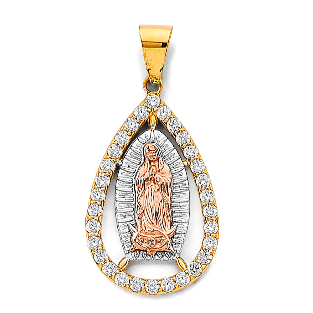 14K Tri Color Gold 18mm CZ Guadalupe Pendant