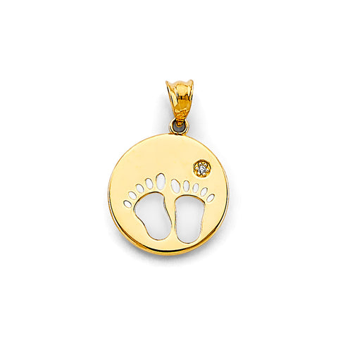 14K Yellow Gold CZ Round Footprints Pendant