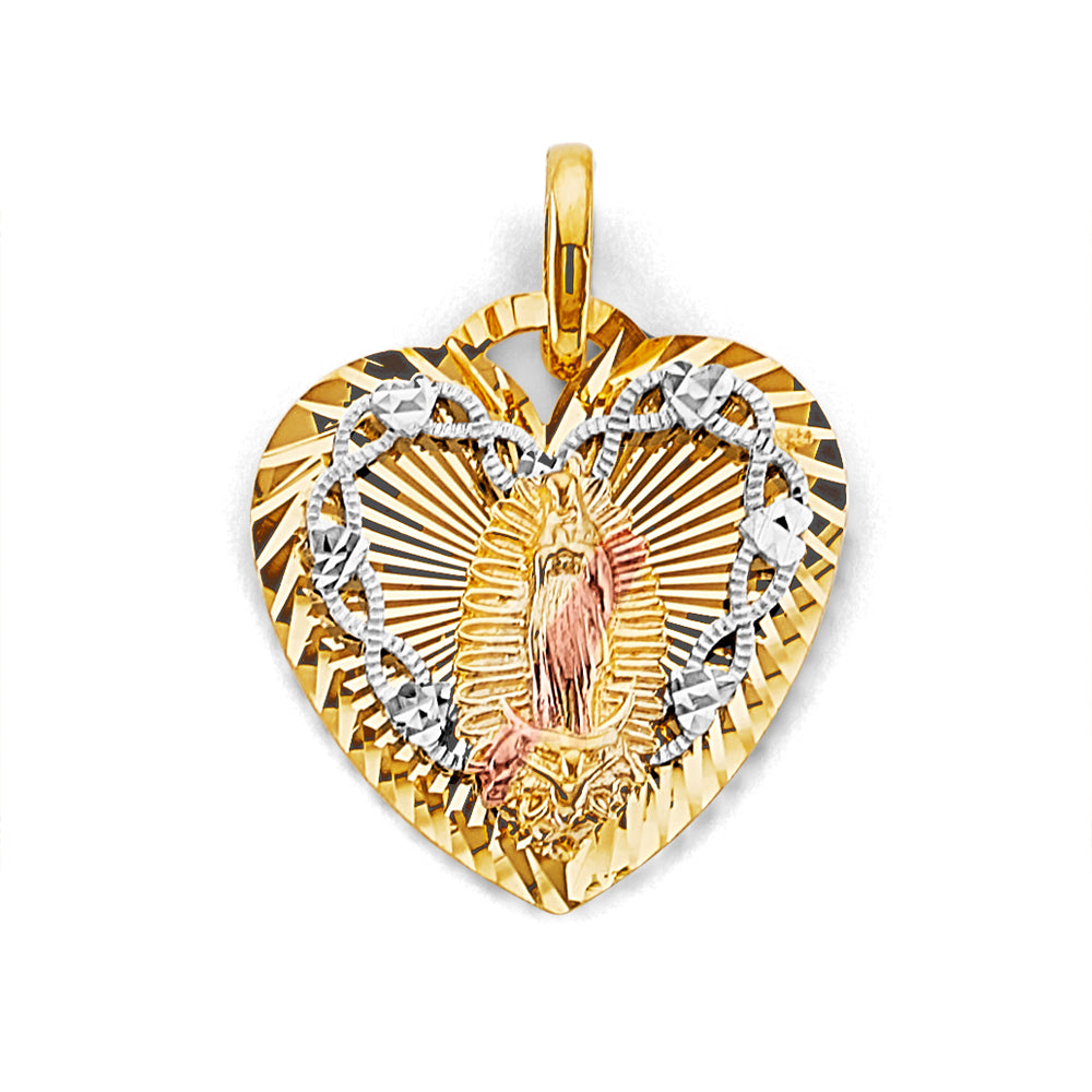 14K Tri Color Gold Heart Stamp Guadalupe Pendant