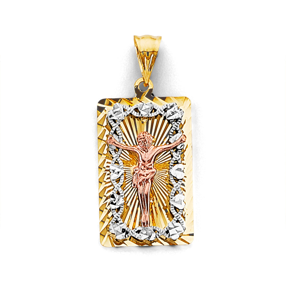 14K Tri Color Gold 13mm Stamp Jesus Christ Pendant