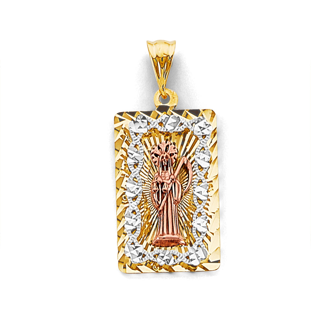 14K Tri Color Gold 13mm Stamp Santa Muerte Pendant