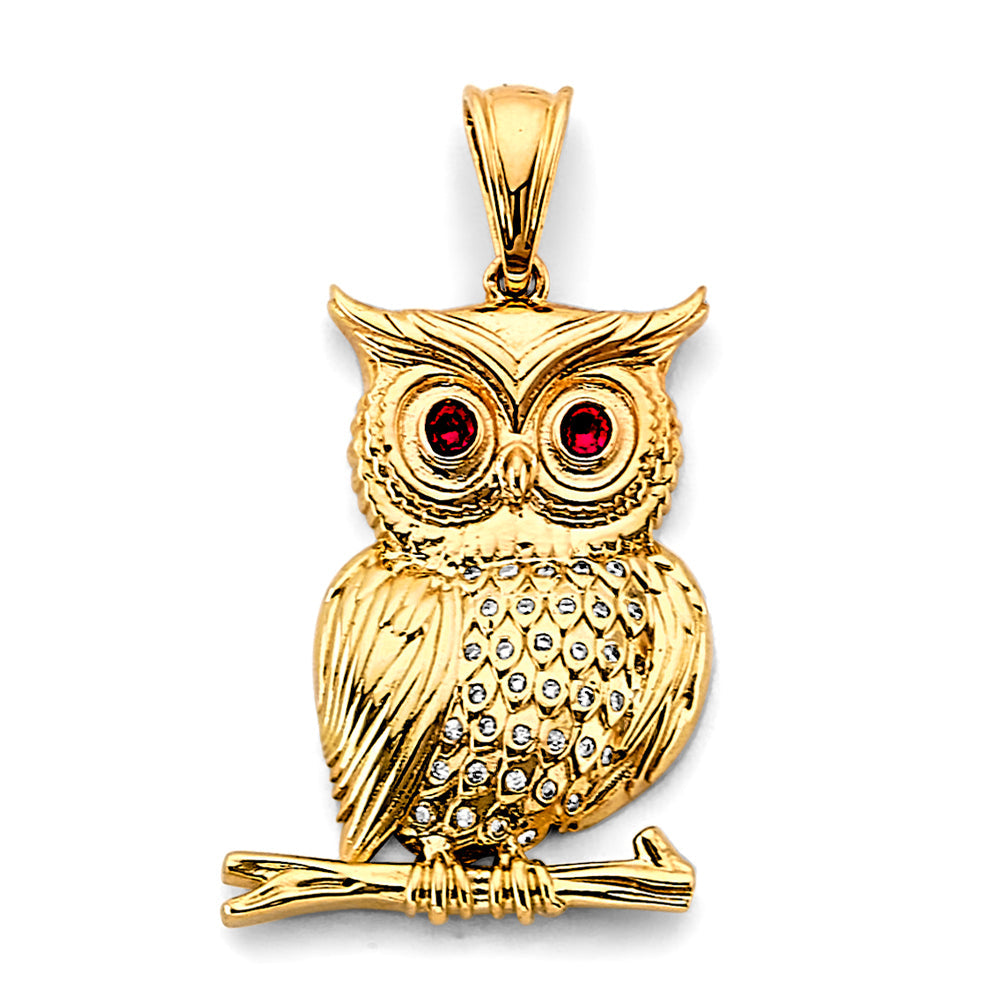 14K Yellow Gold CZ Owl Pendant