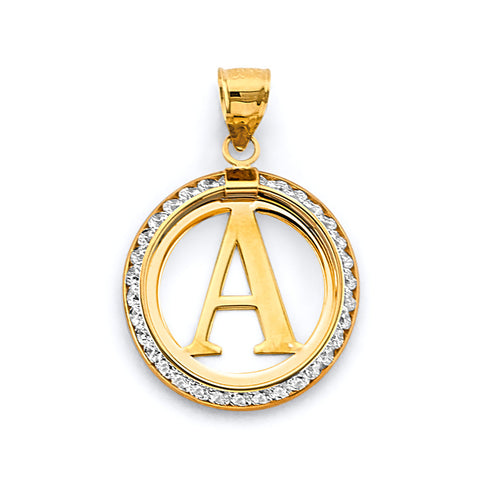 14K Yellow Gold CZ Round Initial Pendant