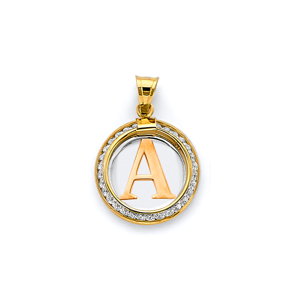 14K Two Tone Gold CZ Round Initial Pendant