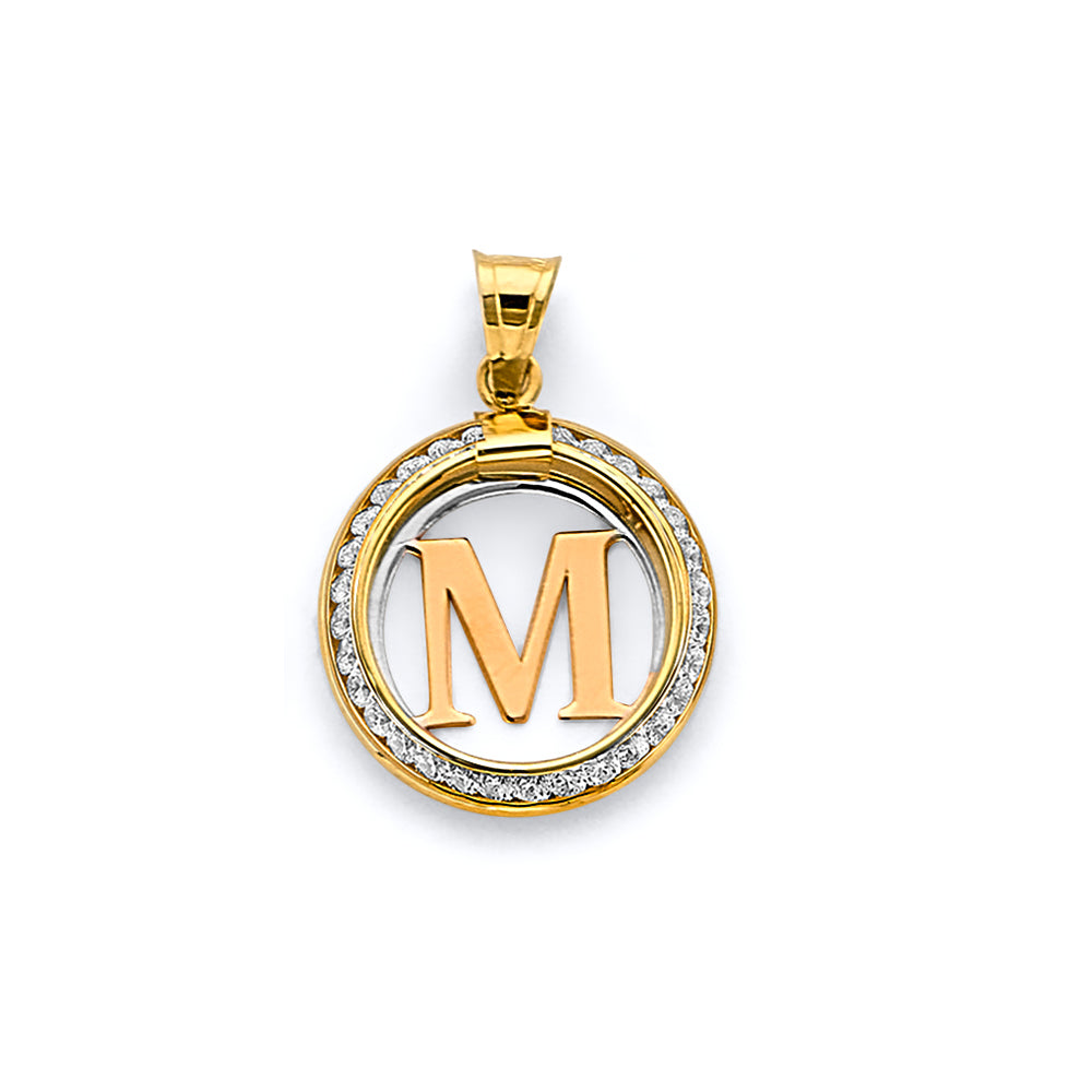 14K Two Tone Gold CZ Round Initial Pendant