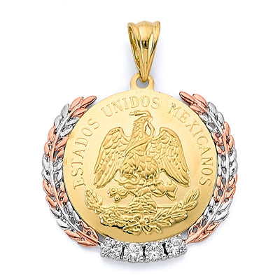 14K Tri Color Gold CZ Framed Medal Coin Pendant