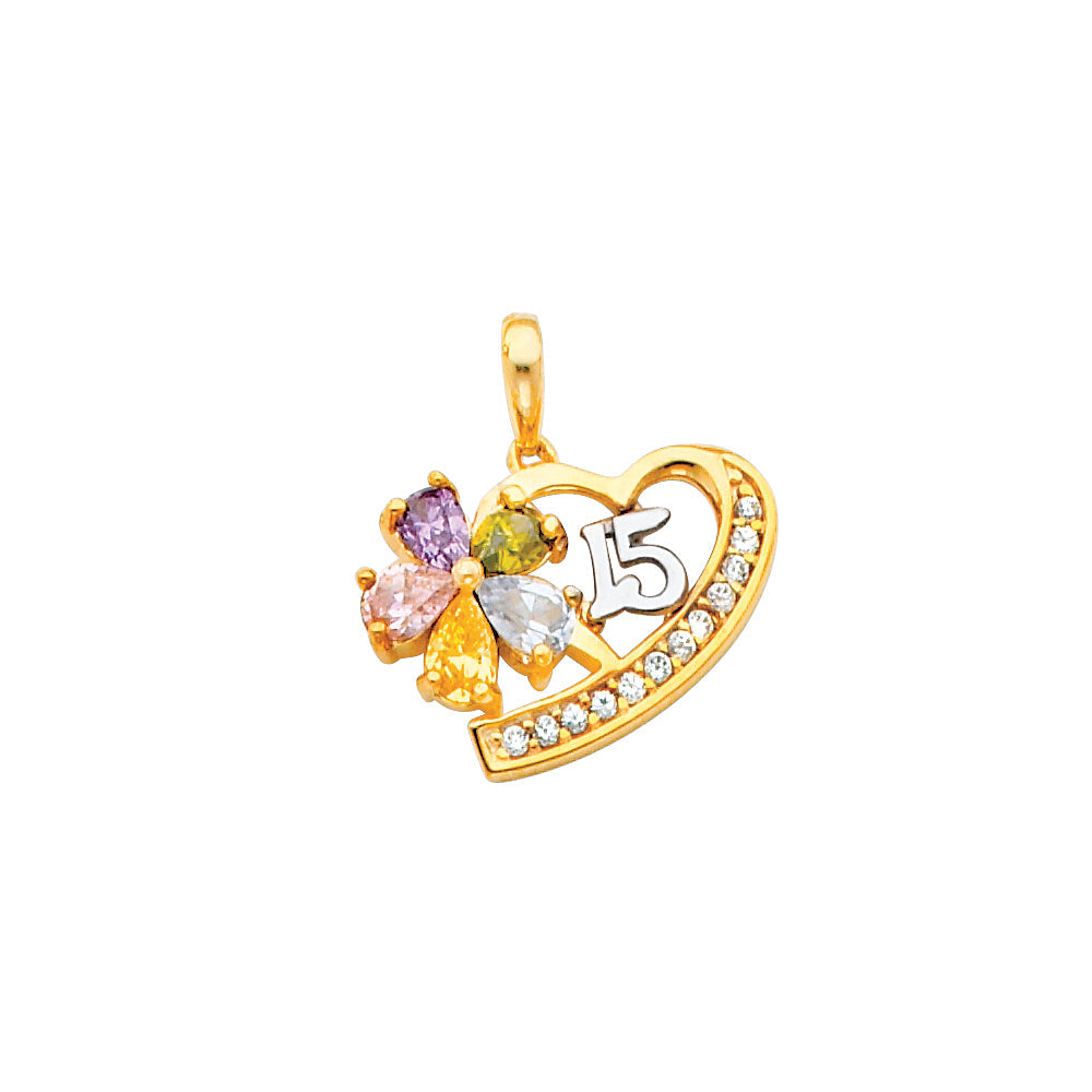 14K Two Tone Gold CZ 15 Years Heart Pendant