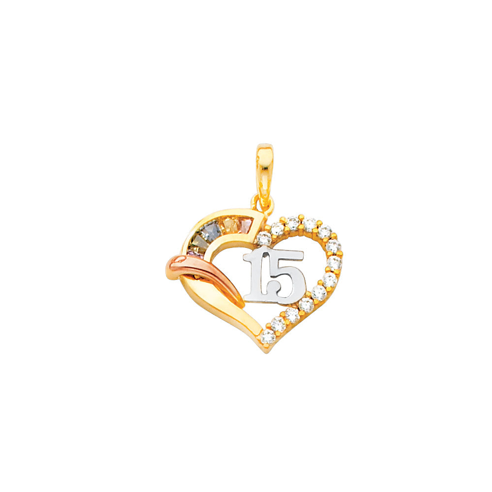 14K Tri Color Gold CZ 15 Years Heart Pendant