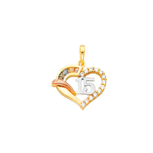 Load image into Gallery viewer, 14K Tri Color Gold CZ 15 Years Heart Pendant