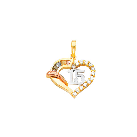 14K Tri Color Gold CZ 15 Years Heart Pendant