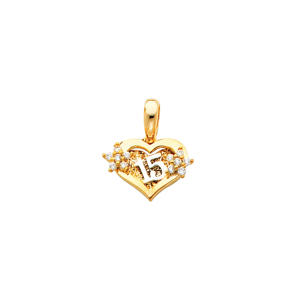 14K Two Tone Gold 15 Years CZ Heart Pendant